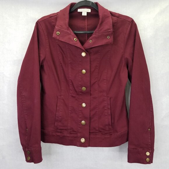 Coldwater Creek Jean Jacket Women's 4-6 Sm Maroon Denim Gold Snaps Buckle Back - Picture 1 of 14